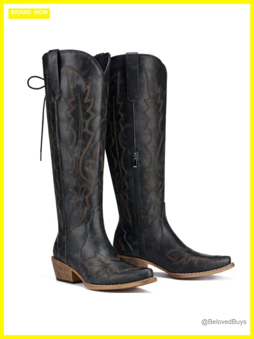 Wide Calf Cowboy Boots Knee High Lace Up Snip Toe Cuban Heel PU